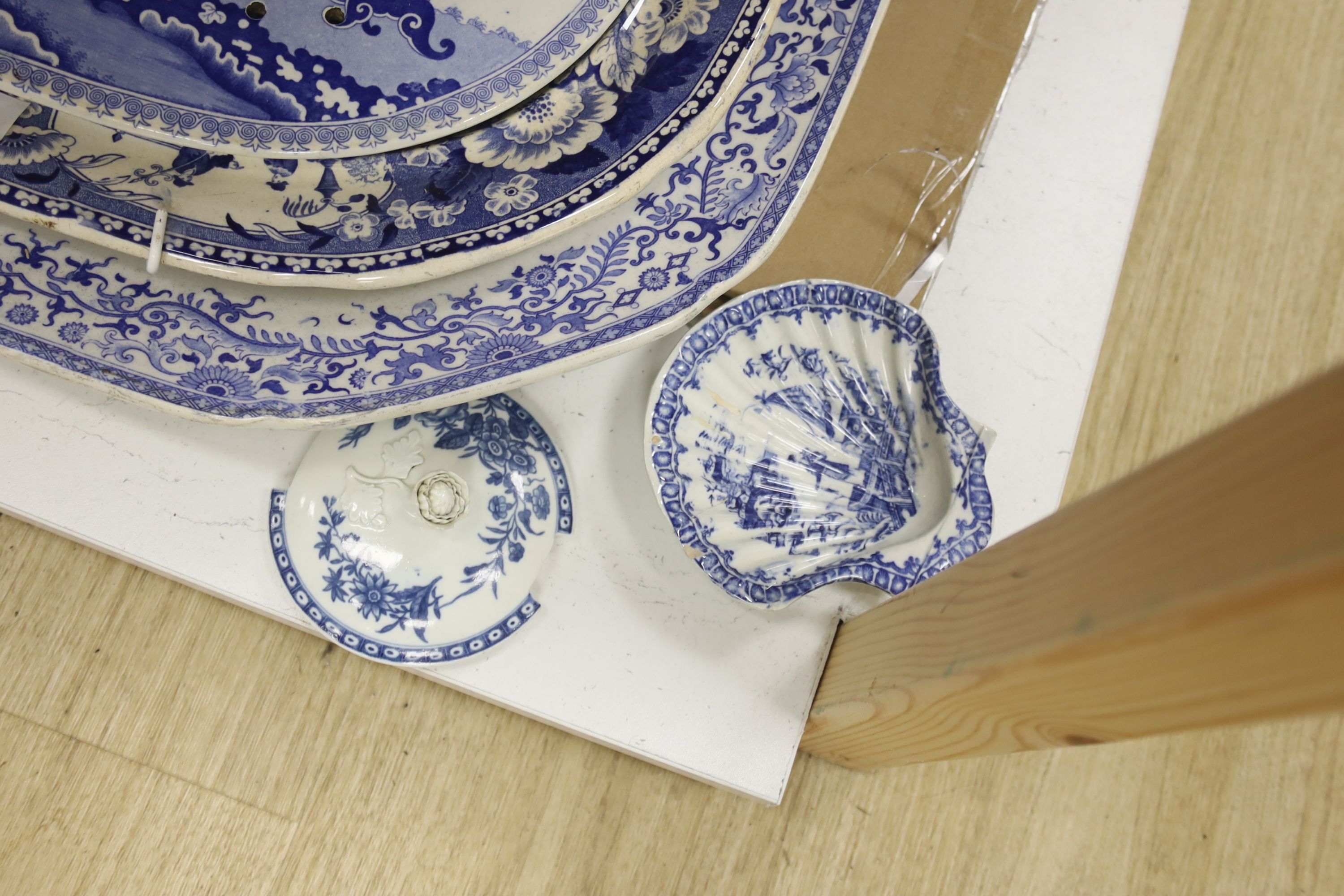 A collection of blue and white porcelain, transfer printed meat dishes, etc.